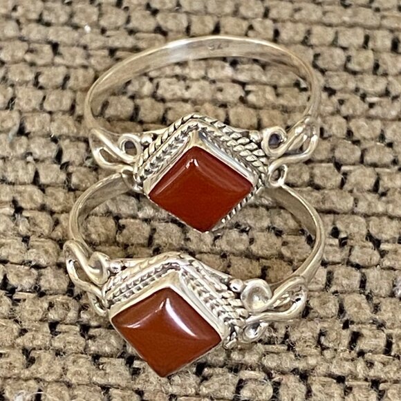 Ring Size 8 Red Orange Carnelian Diamond Cabochon Smooth Sterling Silver 925 Wom - Picture 8 of 8